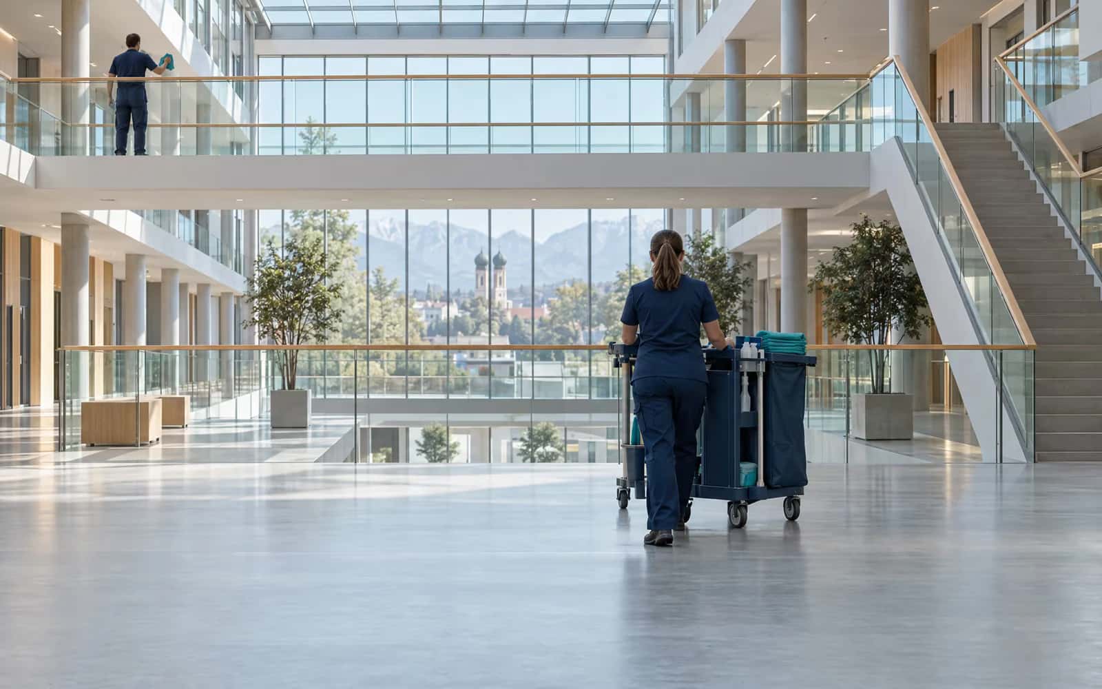 Atrium eines großen Verwaltungsgebäudes am Morgen: Eine Reinigungskraft in dunkelblauer Arbeitskleidung schiebt einen Reinigungswagen, auf der Galerie reinigt eine zweite Person eine Glasbrüstung.