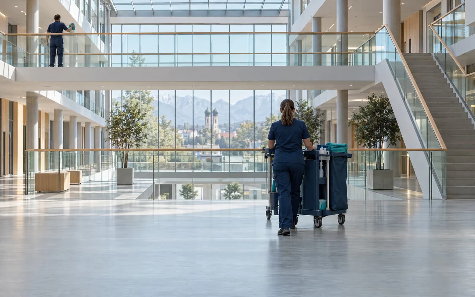 Atrium eines großen Verwaltungsgebäudes am Morgen: Eine Reinigungskraft in dunkelblauer Arbeitskleidung schiebt einen Reinigungswagen, auf der Galerie reinigt eine zweite Person eine Glasbrüstung.
