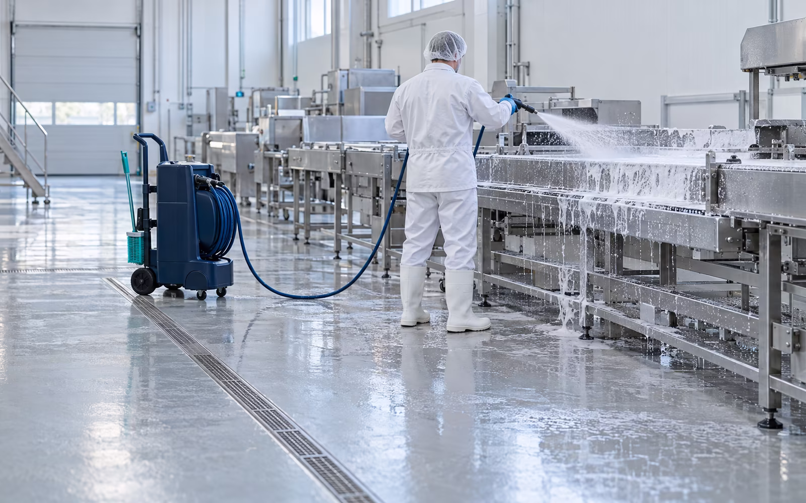 Lebensmittelproduktion bei der Reinigungsschicht: Eine Person in weißer Hygienekleidung schäumt ein Edelstahl-Förderband ein, daneben ein dunkelblaues Schaumgerät und eine Bodenrinne.