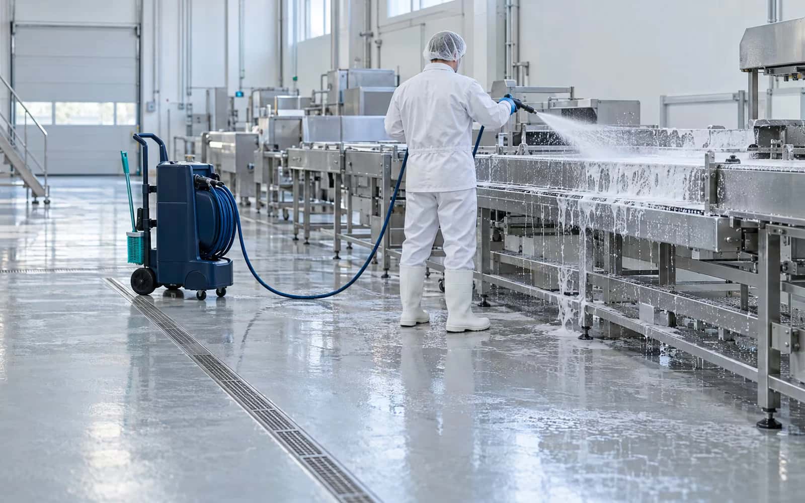 Lebensmittelproduktion bei der Reinigungsschicht: Eine Person in weißer Hygienekleidung schäumt ein Edelstahl-Förderband ein, daneben ein dunkelblaues Schaumgerät und eine Bodenrinne.