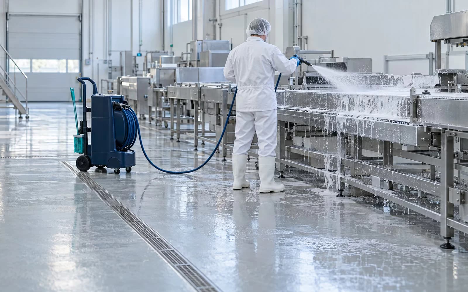 Lebensmittelproduktion bei der Reinigungsschicht: Eine Person in weißer Hygienekleidung schäumt ein Edelstahl-Förderband ein, daneben ein dunkelblaues Schaumgerät und eine Bodenrinne.