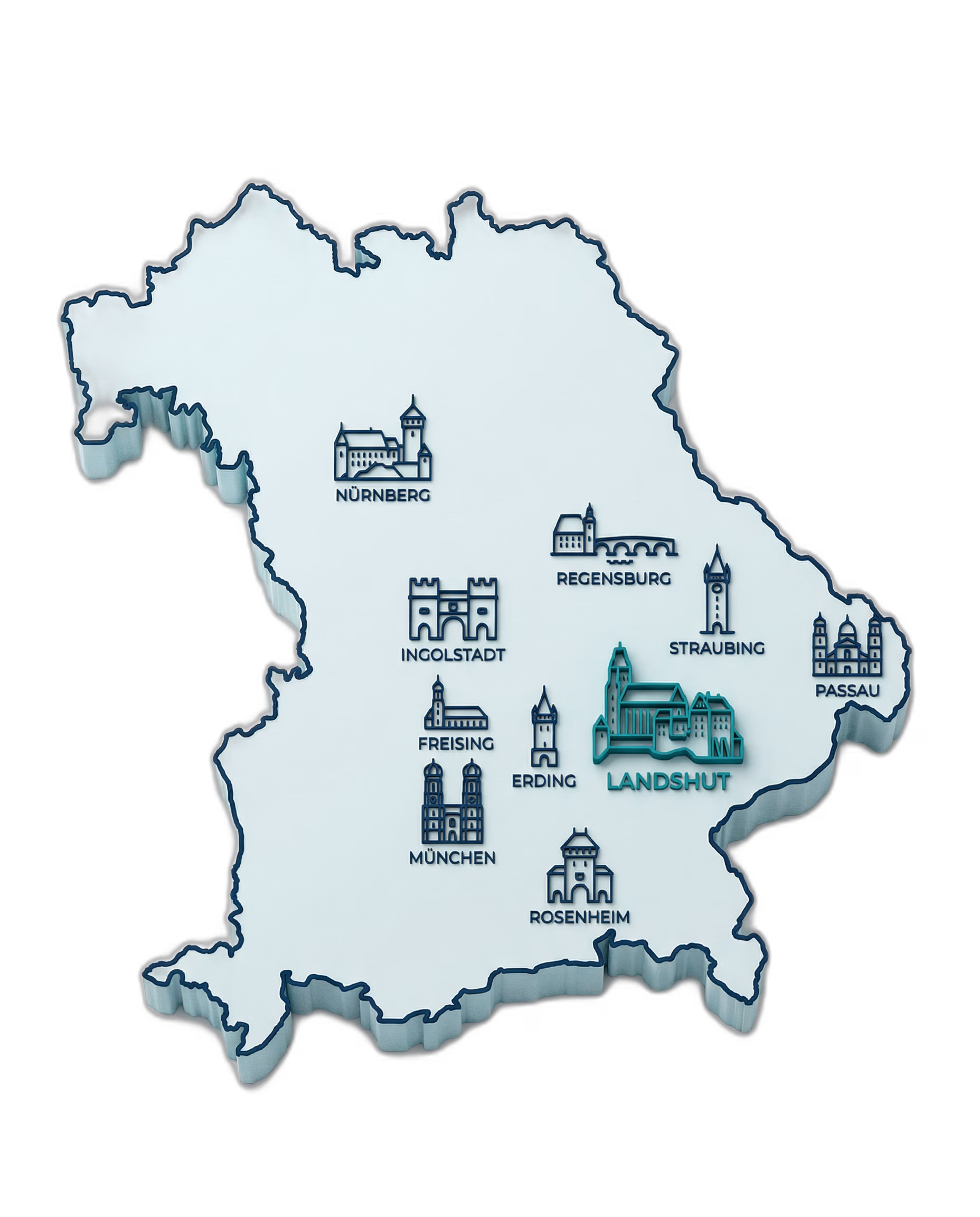 Bayern-Karte mit dem Firmensitz Landshut und den Einsatzgebieten von FIMI Gebäudereinigung