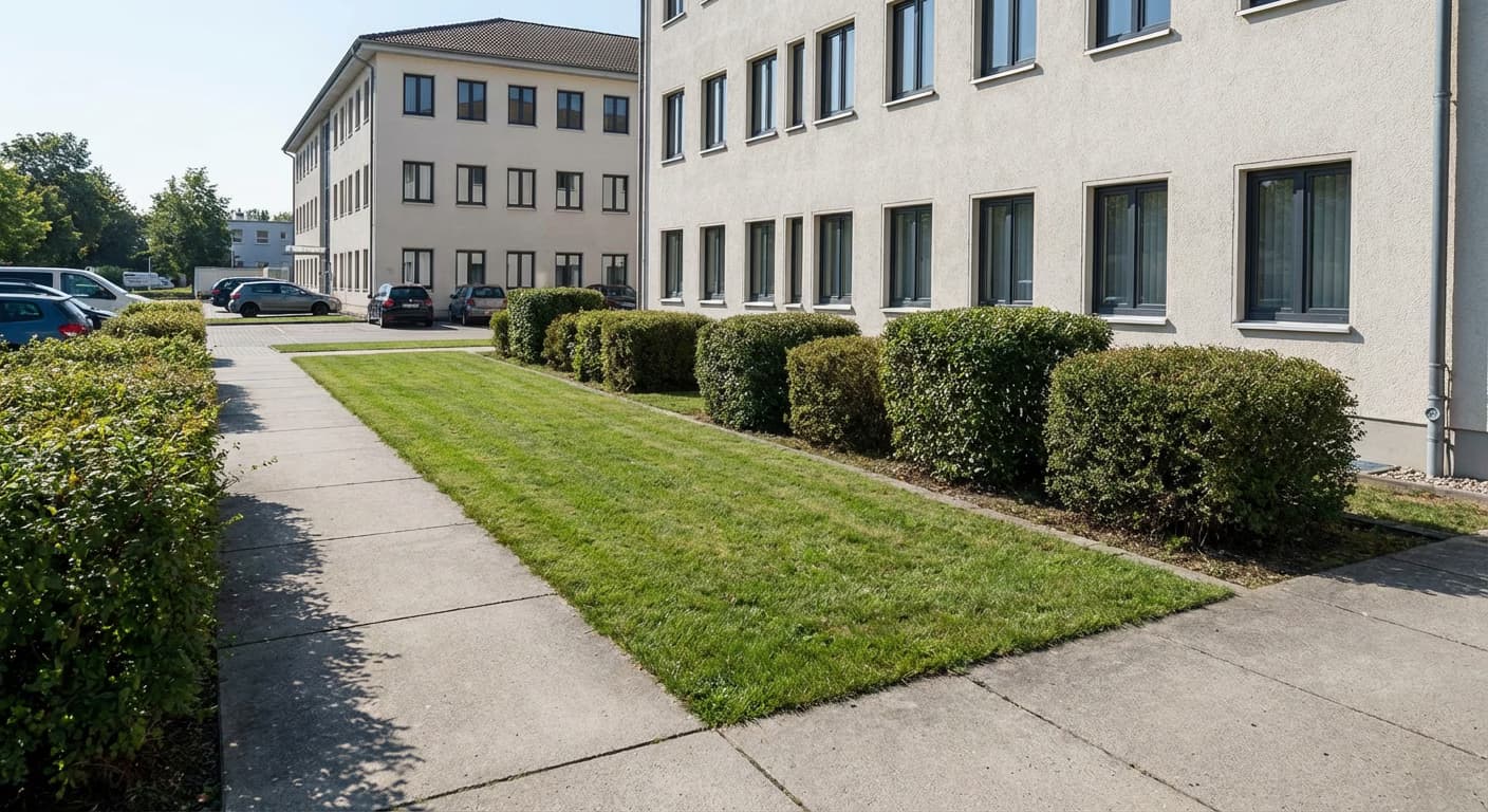 Gepflegte Außenanlage eines Bürogebäudes mit saftig grünem Rasen und geschnittenen Hecken