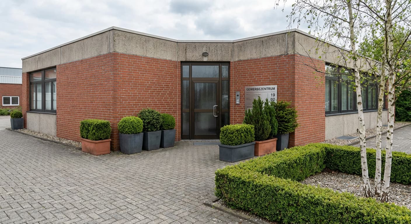 Gepflegter Eingangsbereich eines Bürogebäudes mit Grünflächen