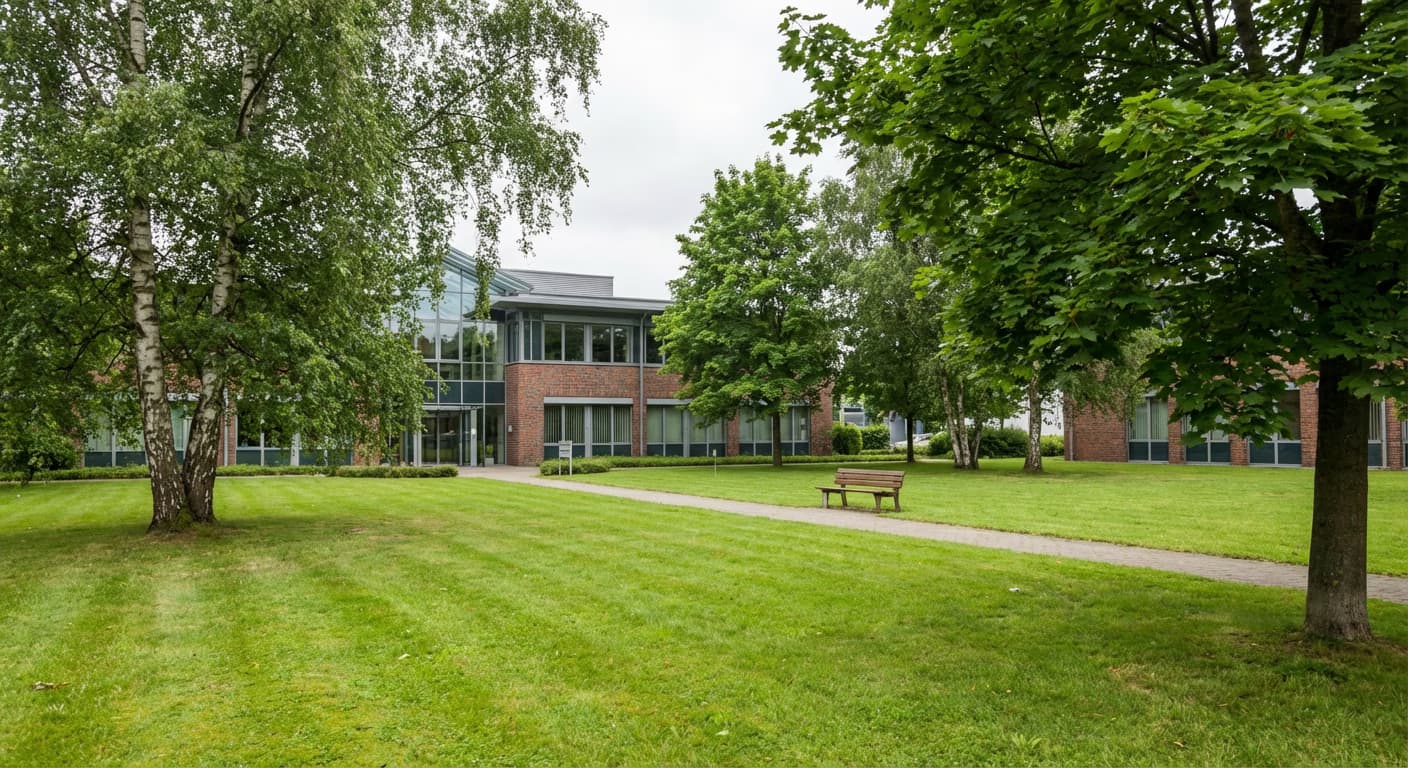 Professionelle Grünflächenpflege an einem deutschen Gewerbeobjekt