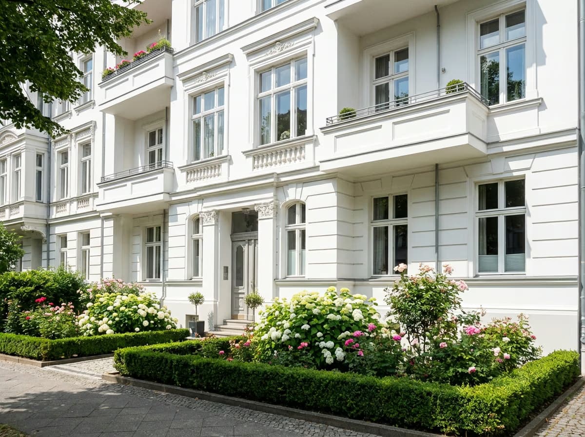 Saubere, gepflegte Hausfassade eines Mehrfamilienhauses