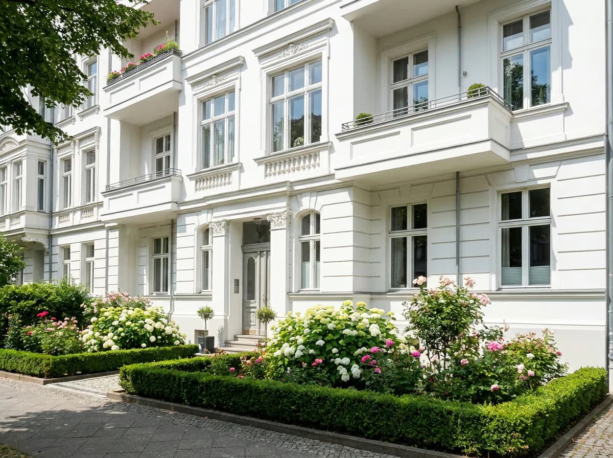 Saubere, gepflegte Hausfassade eines Mehrfamilienhauses