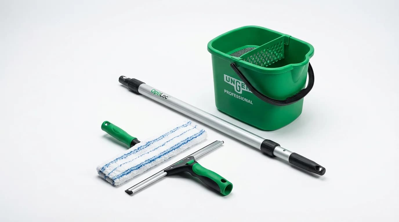 UNGER Profi-Fensterreinigung Equipment: Abzieher, Einwascher, Teleskopstange und Eimer