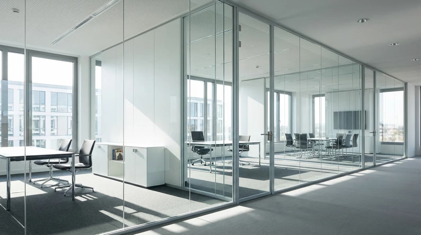 Modernes Büro mit Glastrennwänden und Konferenzräumen