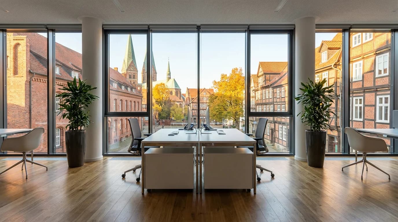 Moderne Büroräume mit sauberen, streifenfreien Fenstern und Blick auf deutsche Altstadt