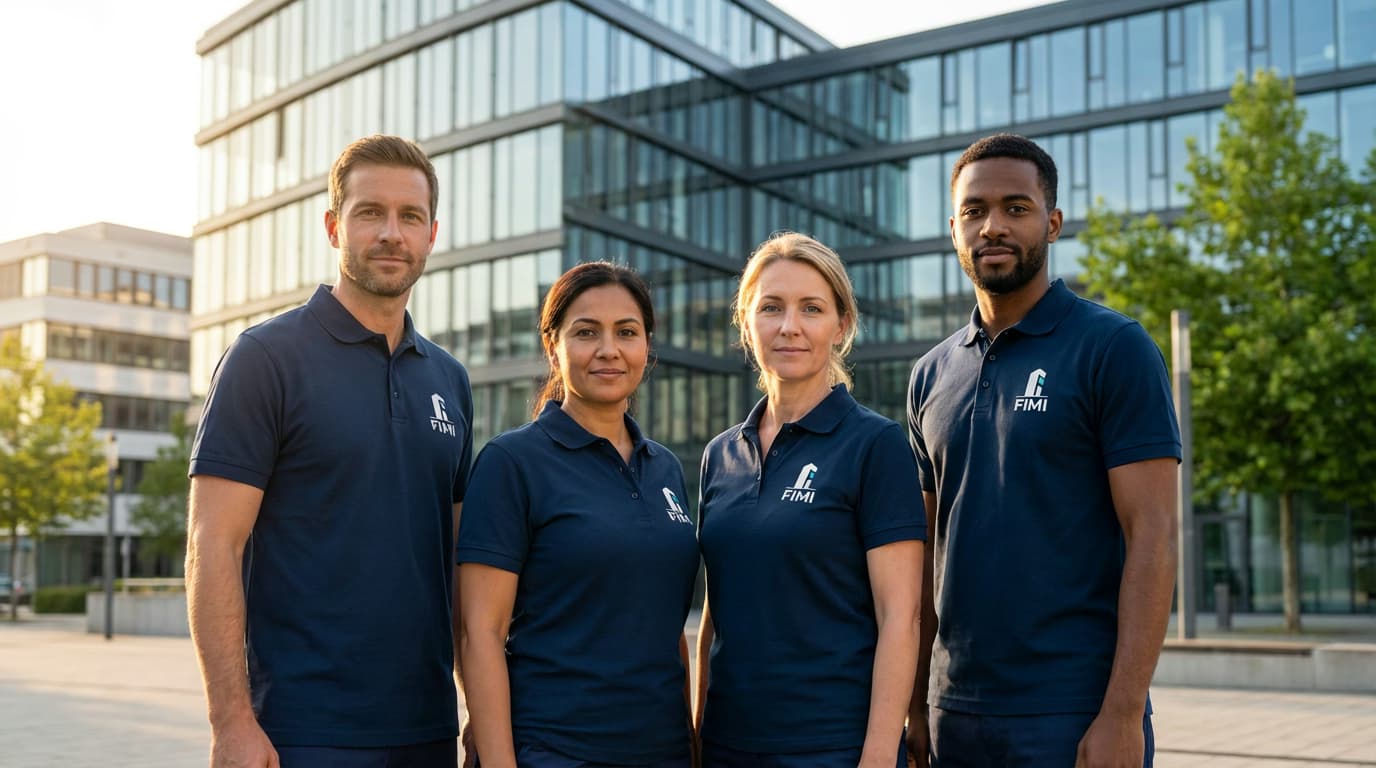 FIMI Gebäudereinigung Team vor modernem Bürogebäude