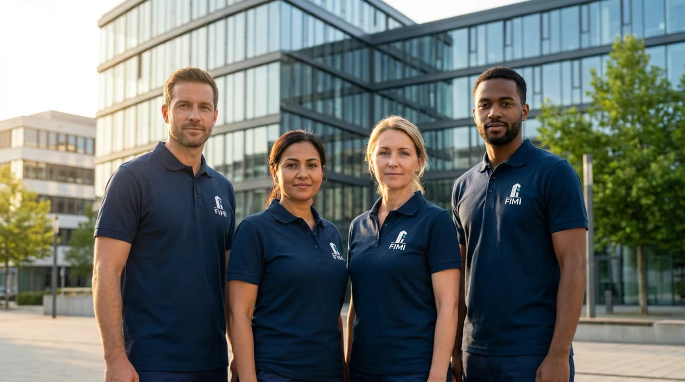 FIMI Gebäudereinigung Team vor modernem Bürogebäude