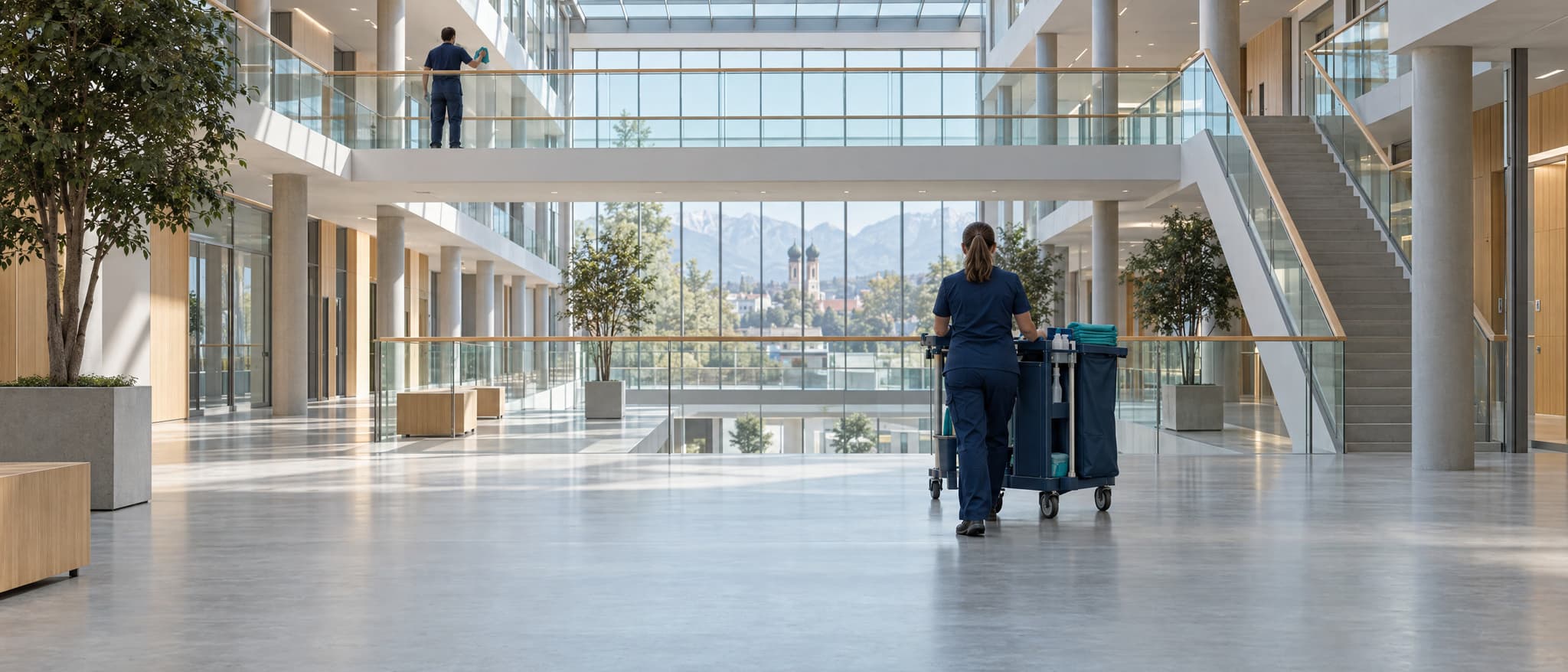 Atrium eines großen Verwaltungsgebäudes am Morgen: Eine Reinigungskraft in dunkelblauer Arbeitskleidung schiebt einen Reinigungswagen, auf der Galerie reinigt eine zweite Person eine Glasbrüstung.