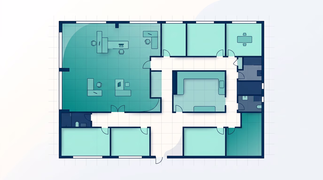 Abstraktes Büro-Grundriss Konzept für 500 Quadratmeter Rechenbeispiel