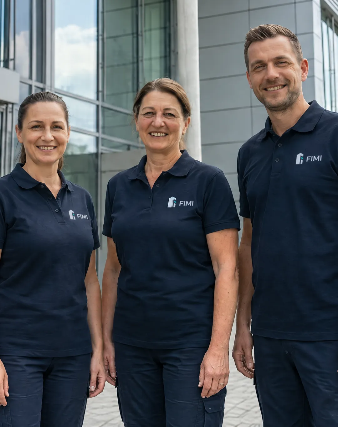 Das FIMI-Team in Dienstkleidung vor einem Bürogebäude